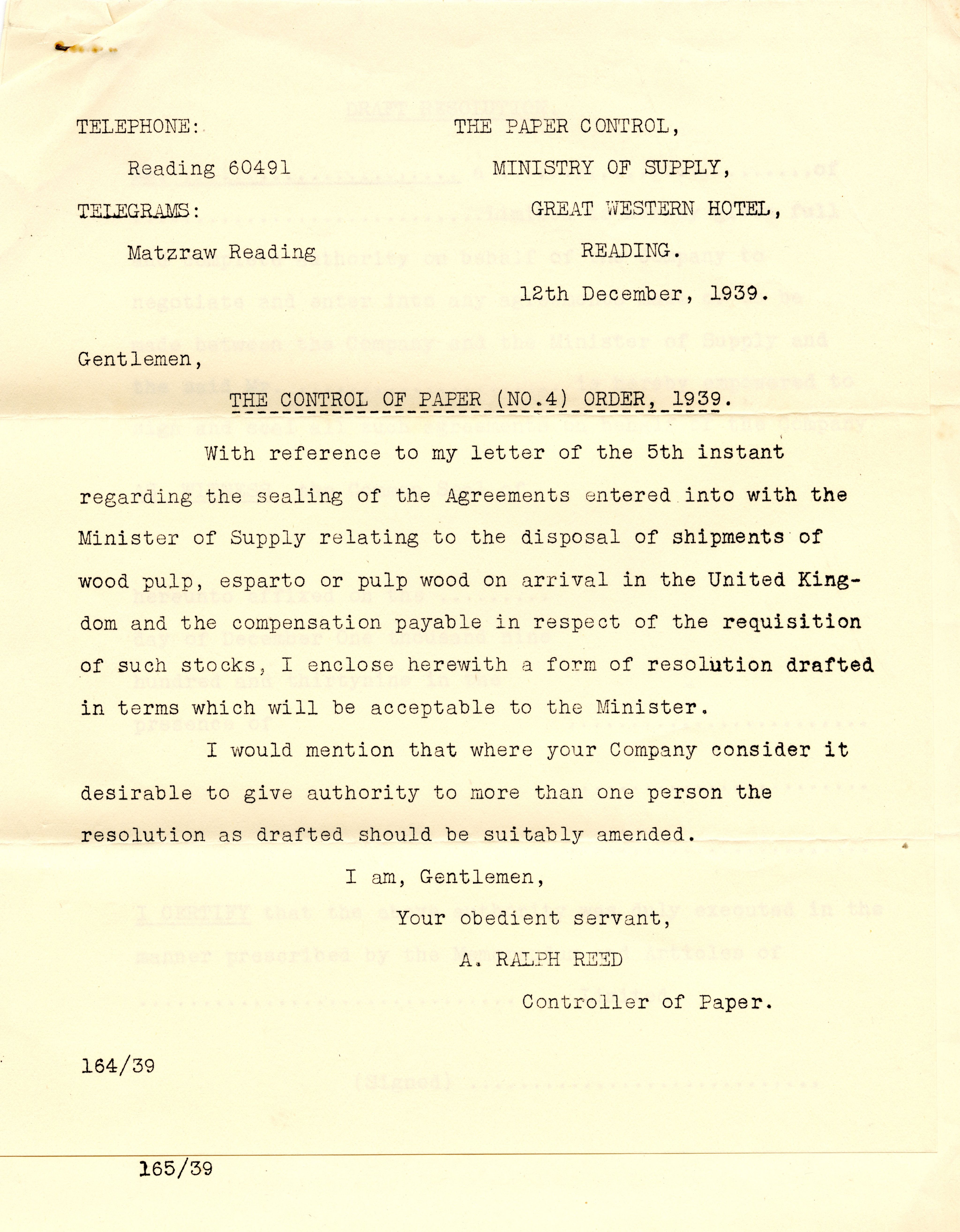 A letter dated 18th December 1939, titled 'The Control of Paper (No.4) Order, 1939'.