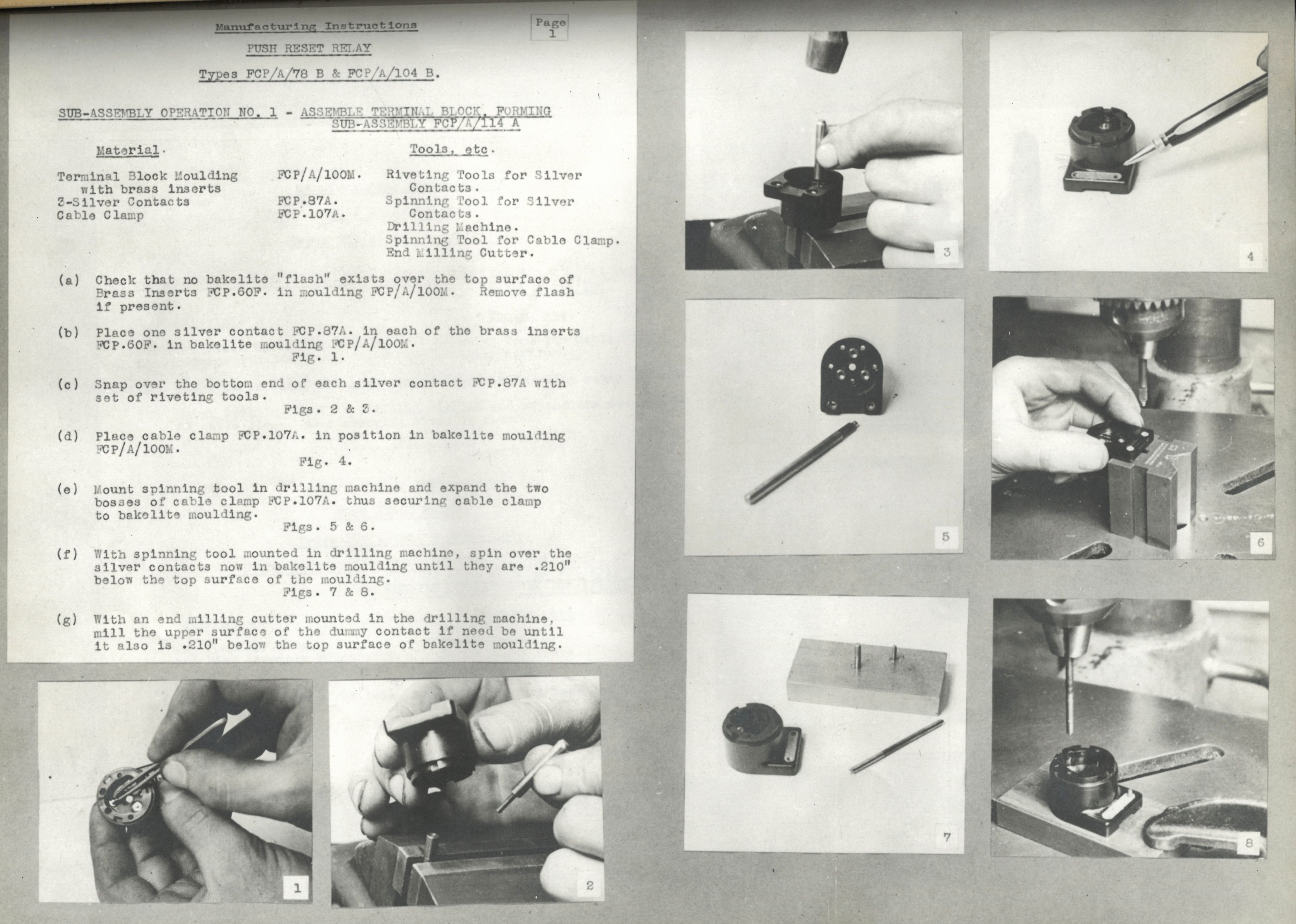 A page of manufacturing instructions for push reset relays. Step by step instructions are given in a box on the left of page, with eight numbered photographs to show stages of production.