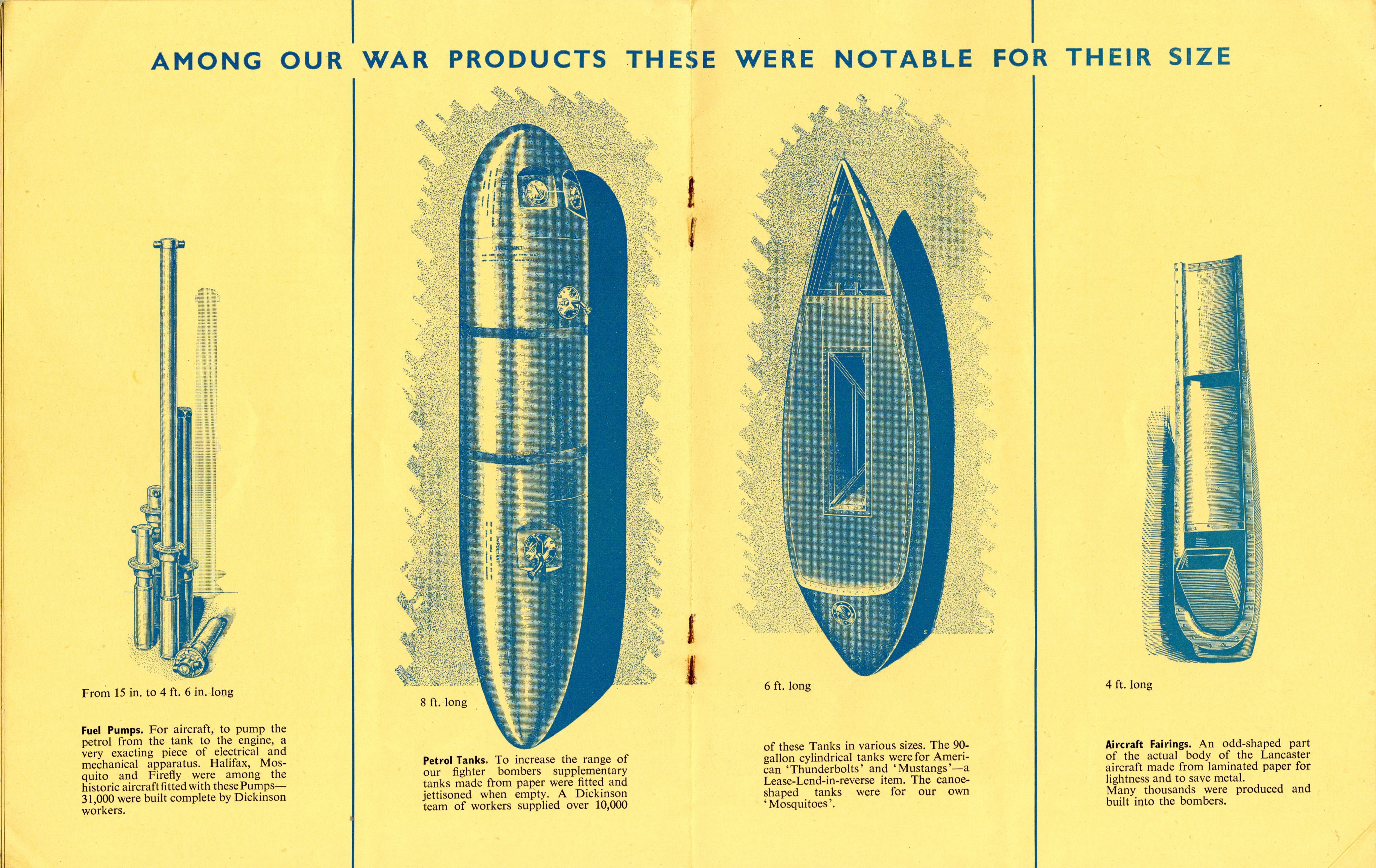 A double page spread from a brochure, titled 'Among our war products these were notable for their size'. Illustrations in blue depict fuel pumps, petrol tanks, and aircraft fairings.