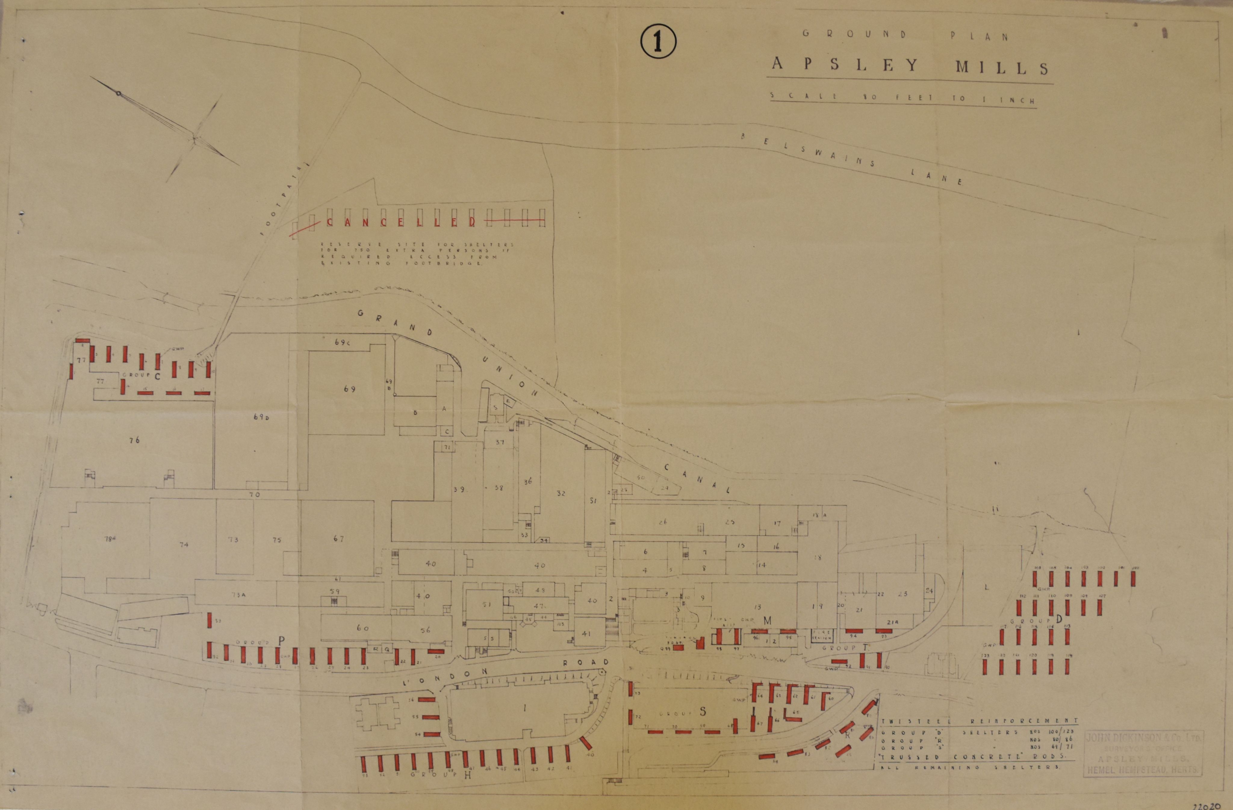 A ground plan showing the buildings at Apsley Mills. A series of red rectangles are marked to indicate the location of air raid shelters. 